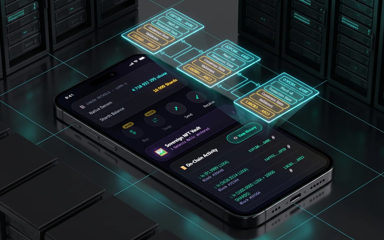 LUXA Vault on-chain activity screen with uluxa and ushard balances and recent transactions