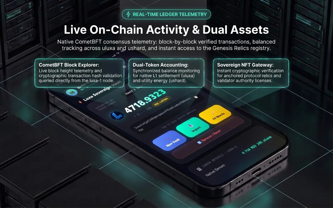 LUXA ledger telemetry overview with CometBFT block explorer, dual-token accounting and sovereign NFT gateway