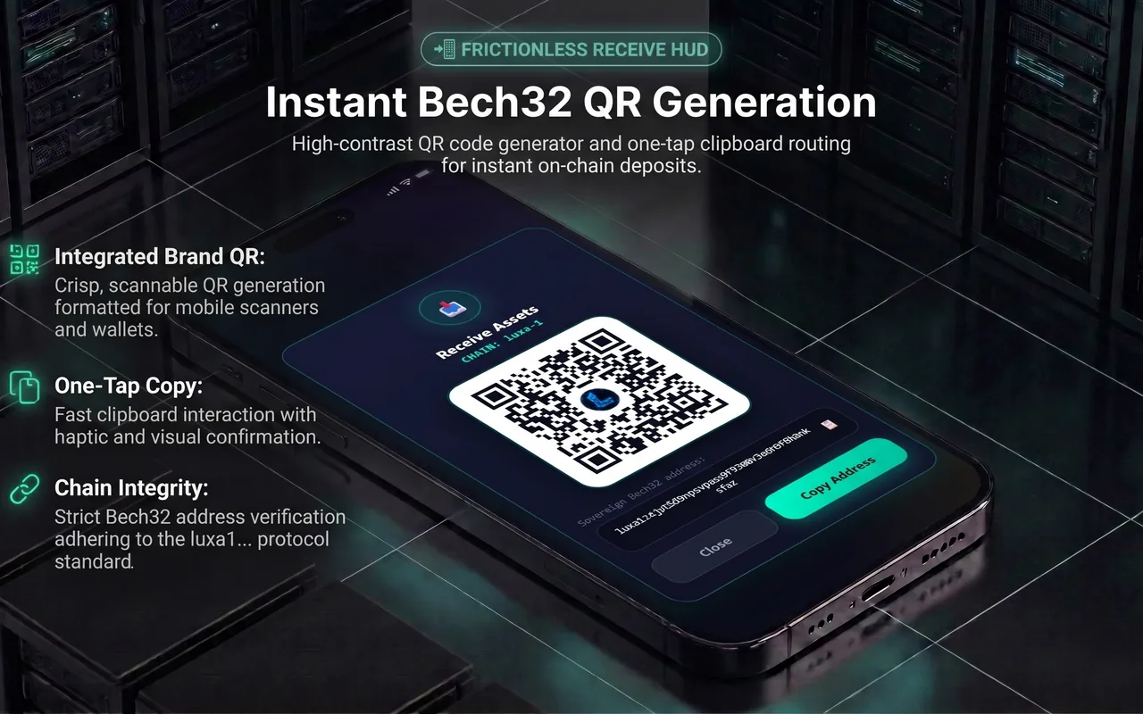 LUXA Vault receive screen generating a Bech32 QR code and offering a copy address action