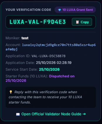 Stage 3: 10 LUXA Grant Sent Status Card in Telegram Mini-App